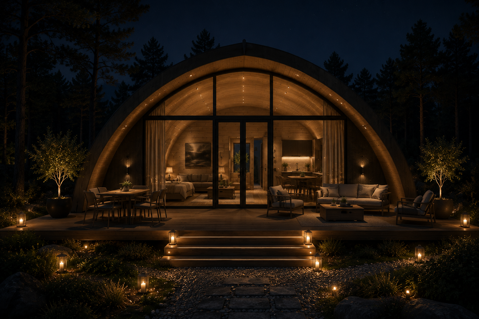 Cabaña TA-BI iluminada al anochecer en el bosque